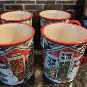 Certified International Snowman's Farmhouse 16 oz Christmas Mugs - Set of 4-NEW
